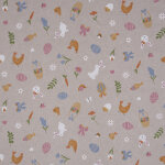 Tissu bachette linenlook beige dessin lapin poule de p�ques - mondial tissus