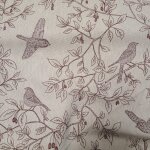 Tissu bachette linenlook imprim dessins fin branches oiseaux marron beige - mondial tissus