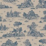 Tissu bachette linenlook motifs toile de jouy bergre bleu - mondial tissus