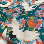 Tissu cretonne imprim� grue �ventails fleuris emeraude - mondial tissus
