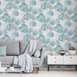 Dutch wallcoverings papier peint feuilles de monstera bleu