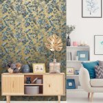 Dutch wallcoverings papier peint feuilles et oiseaux bleu et dor�