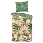 Good morning housse de couette enfant felines 100x135 cm sable et vert