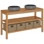 Vidaxl armoire de toilette teck solide avec lavabos en marbre noir