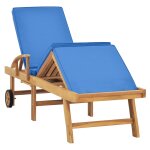 Vidaxl chaise longue avec coussin bois de teck solide bleu