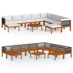 Vidaxl salon de jardin 11 pcs avec coussins cr�me bois d'acacia solide
