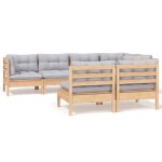 Vidaxl salon de jardin 7 pcs avec coussins gris bois de pin massif