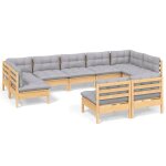 Vidaxl salon de jardin 9 pcs avec coussins gris bois de pin solide
