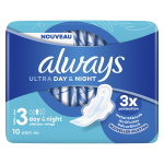 Always serviettes ultra jour & nuit avec ailettes 10 unités Always serviettes ultra jour & nuit avec ailettes 10 unités