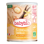 Babybio 5 c�r�ales vanille riz, bl�, avoine, seigle, quinoa + 6m bio 220g