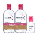 Bioderma cr�aline h2o eau micellaire d�maquillante lot de 2 x 500ml + format voyage 100ml