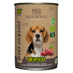 Biofood menu bio  base de 50% de viande de boeuf bio pour chien. bote de 400g.