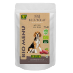 Biofood menu bio  base de 50% de viande de boeuf bio pour chien. sachet de 150g
