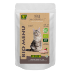 Biofood menu bio  base de 79% de viande de poulet bio pour chat. sachet de 100g