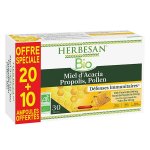 Herbesan miel d'acacia propolis pollen bio 20 ampoules + 10 offertes