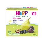 Hipp bio 100% fruits coupelle poires prunes cassis + 6m 4 x 100g