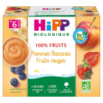 Hipp bio 100% fruits coupelle pommes bananes fruits rouges + 6m 4 x 100g