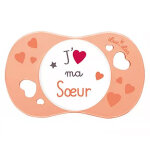 Luc et léa sucette sucette anatomique silicone orange j'aime ma s?ur + 6m Luc et léa sucette sucette anatomique silicone orange j'aime ma s?ur + 6m