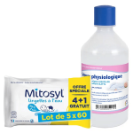 Mitosyl lingettes � l'eau lot de 5 paquets + care + flacon s�rum physiologique 500 ml