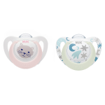 Nuk sucette starlight silicone + 0m chat rose toiles lot de 2