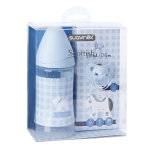Suavinex coffret biberon silicone 0 - 6m + sucette + attache sucette scottish bleu Suavinex coffret biberon silicone 0 - 6m + sucette + attache sucette scottish bleu