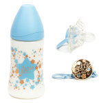 Suavinex pack couture biberon 270ml + sucette 0 - 4m + attache sucette bleu Suavinex pack couture biberon 270ml + sucette 0 - 4m + attache sucette bleu