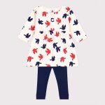 Robe b�b� en coton manches longues et legging imprim�e oiseaux