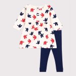 Robe b�b� en coton manches longues et legging imprim�e oiseaux