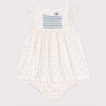 Robe blanche b�b� en coton et son bloomer imprim�s � pois