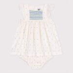 Robe blanche b�b� en coton et son bloomer imprim�s � pois