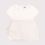 Robe en coton et tulle manches courtes et colerette