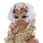 Chaks 12168, grand masque carnaval de bahia avec dentelle, blanc / or