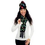 P'tit clown re48334, set de nol adulte bonnet et charpe noir motif guirlande de nol