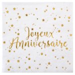 Paquet de 20 petites serviettes joyeux anniversaire mtallises, blanc / or