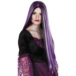 Perruque cheveux longs, noirs & mches parmes