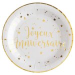 Sachet de 10 assiettes joyeux anniversaire, mtallis blanc / or