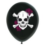 Sachet de 8 ballons noirs tte de mort & roses fuchsia