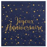 Santex 5663 - 8, sachet de 20 petites serviettes joyeux anniversaire métallisées, bleu / or Santex 5663 - 8, sachet de 20 petites serviettes joyeux anniversaire métallisées, bleu / or