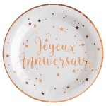 Santex 5670 - 20, sachet 10 assiettes joyeux anniversaire, mtallis blanc / or rose