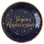 Santex 5670 - 8, sachet 10 assiettes joyeux anniversaire, m�tallis� bleu fonc� / or