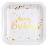 Santex 7215 - 3, sachet 10 assiettes carres happy birthday, blanc / or
