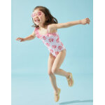 Maillot fleuri  volants, rose clair / rose fonc