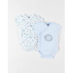Set de 2 bodies lion en coton, �cru / bleu ciel