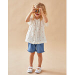Set blouse imprim soleils + short denim, cru / bleu