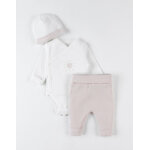 Set body + legging + bonnet, rose clair / écru Set body + legging + bonnet, rose clair / écru
