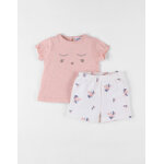 Set t - shirt + short imprim� fleuri, rose poudr� / �cru