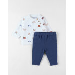 Set sweatshirt imprim� animalier + jogging denim, �cru / bleu marine