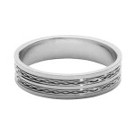 Alliance en argent rhodi 5mm avec 2 bandes ciseles et liseret au milieu et bords brillants