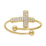 Bague en acier dor� avec croix pav�e d'oxydes blancs sertis - r�glable