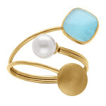 Bague en acier dor� pastille lisse un carr� oeil de chat imitation bleu et perle blanche imitation - ...